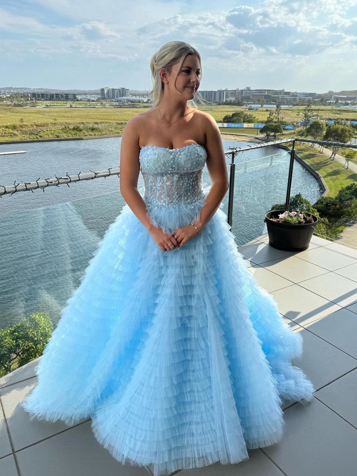 Chic Ball Gown Strapless Light Sky Blue Long Prom Dresses Evening Dresses MLH2011|Selinadress