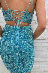 V neck Spaghetti Straps Two Pieces Homecoming Dress Blue Cute Short Prom Dress MLK05172|Selinadress