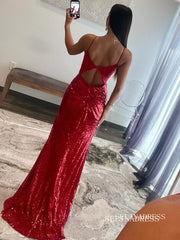 Mermaid Red Sequin Plunge V Backless Maxi Dress with Slit lpk808|Selinadress