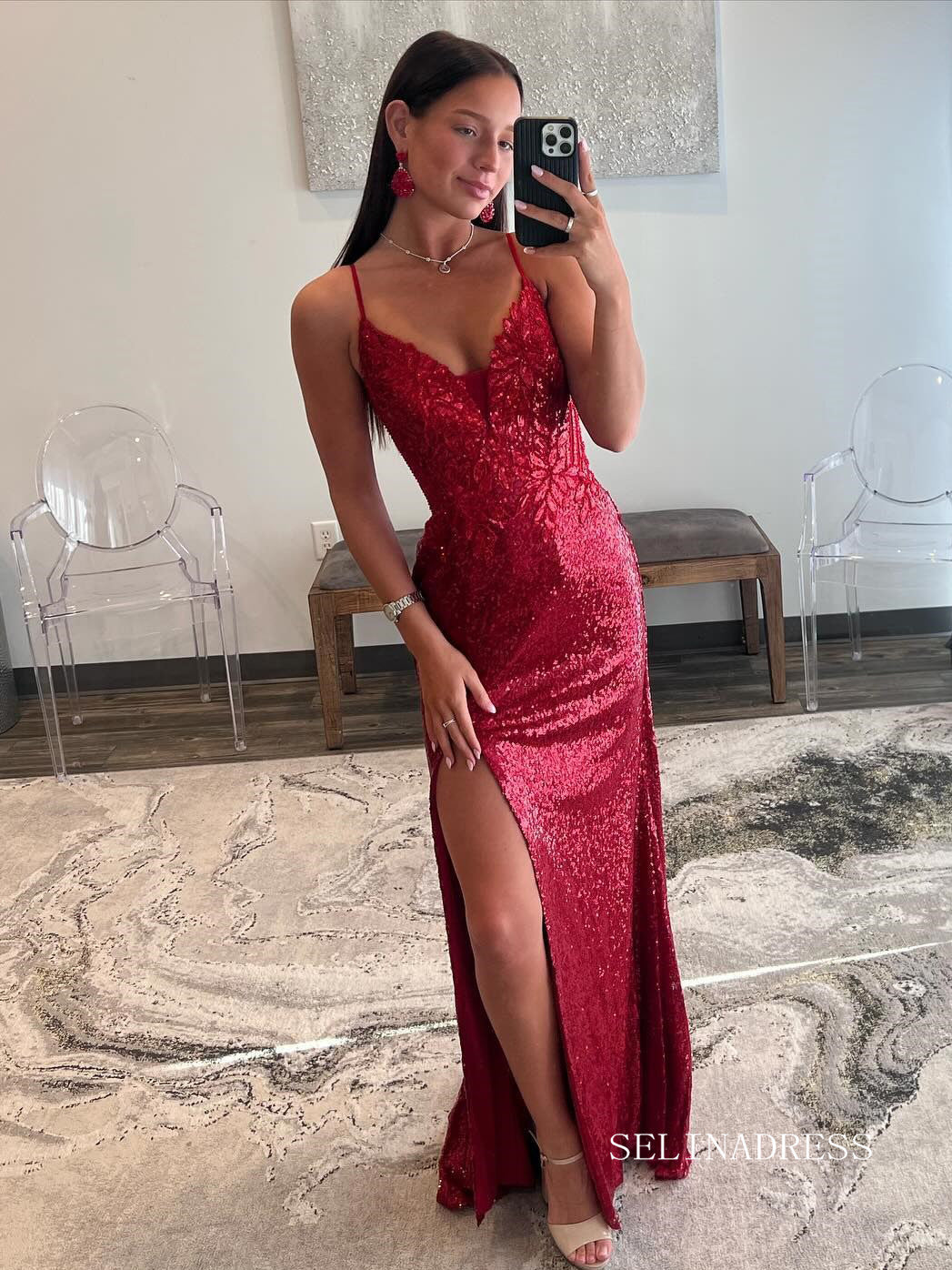 Mermaid Red Sequin Plunge V Backless Maxi Dress with Slit lpk808|Selinadress