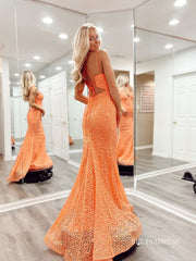 Mermaid Spaghetti Straps Orange Lace Long Prom Dress Cheap Evening Dresses LPK178|Selinadress