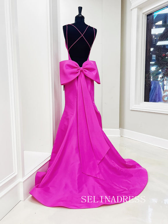 Cute Mermaid V Neck Pink Satin Long Prom Dresses with Big Bow
