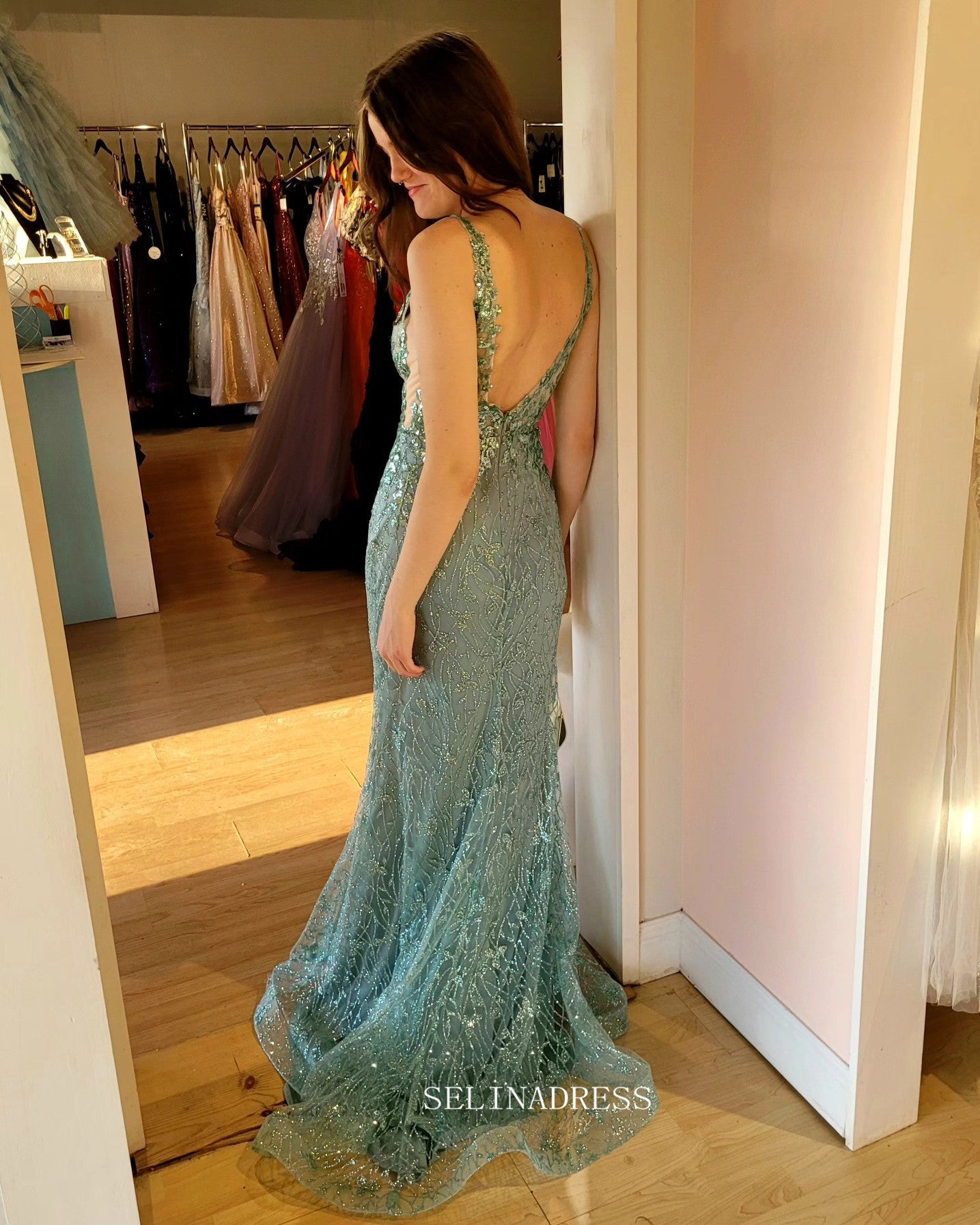 Mermaid V neck Sparkly Grey Green Prom Dress with Beading sew1066|Selinadress