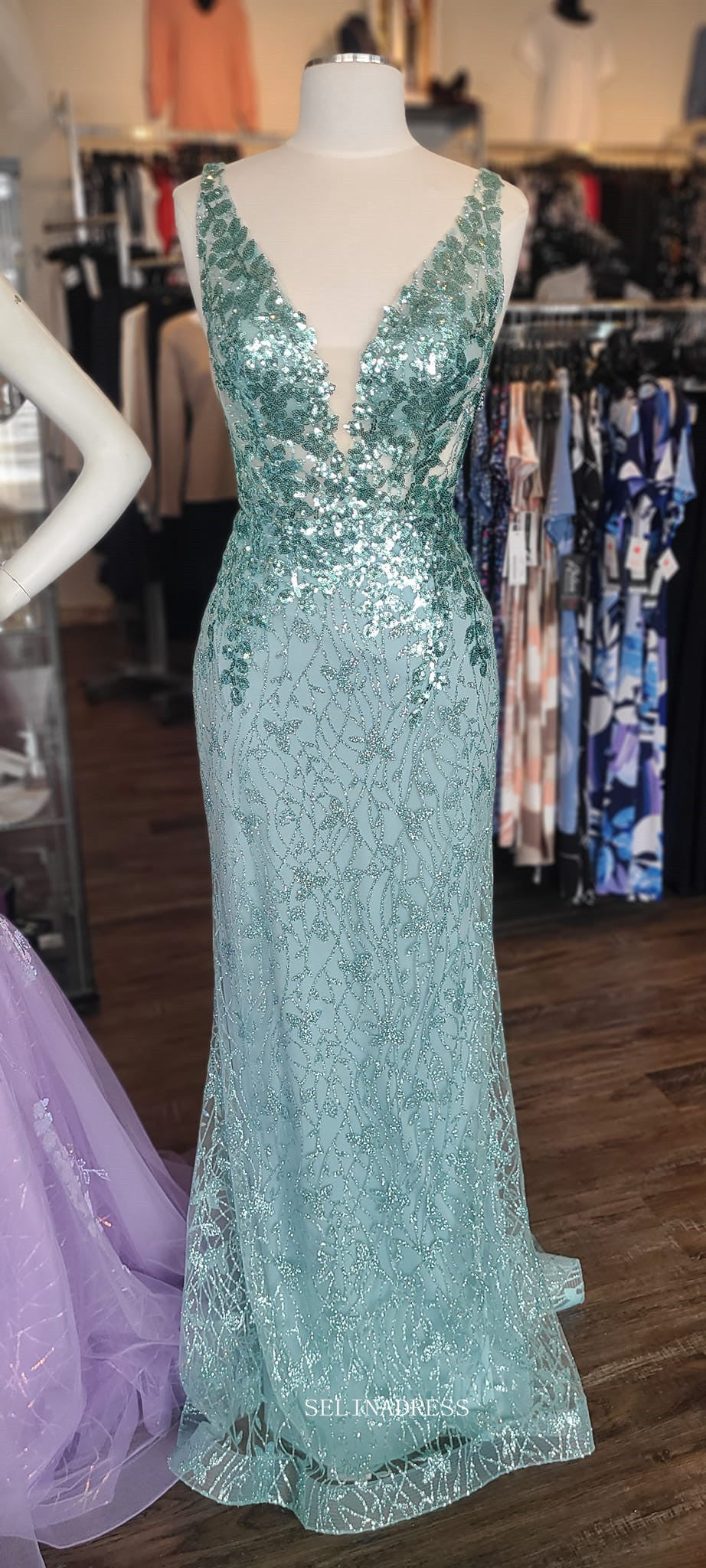 Mermaid V neck Sparkly Grey Green Prom Dress with Beading sew1066|Selinadress