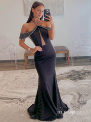 Off the Shoulder Halter Beaded Mermaid Black Prom Dress lpk573|Selinadress