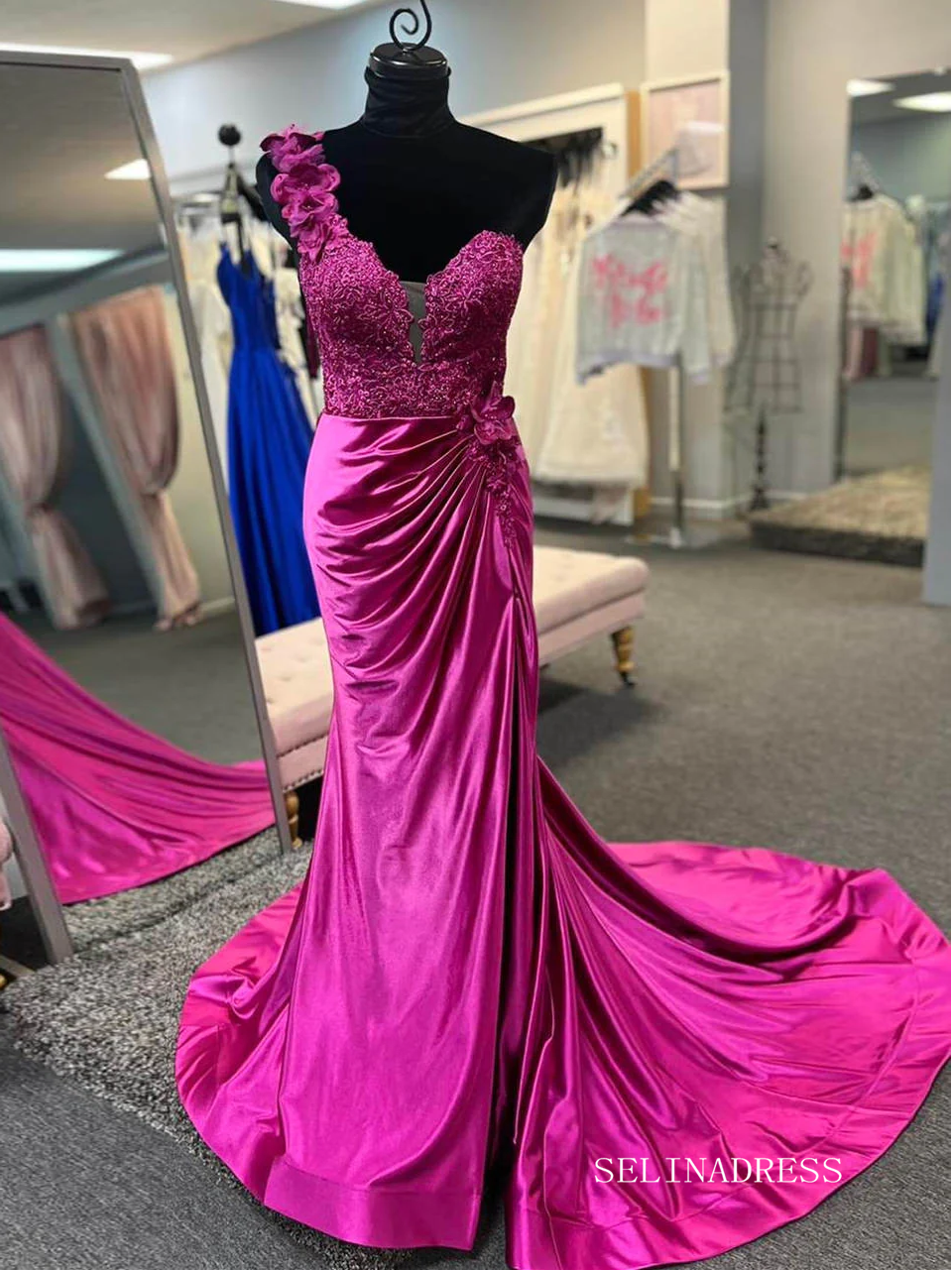 One Shoulder Fuchsia Ruched Long Prom Dress with 3D Flowers With Slit lpk576|Selinadress