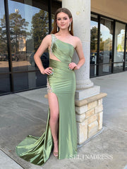 One Shoulder Mermaid Sage Long Prom Dresses With Slit sew1004|Selinadress