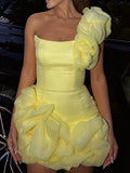 One Shoulder Yellow Cute Short Homecoming Dresses Hoco Dress #EWR570|Selinadress