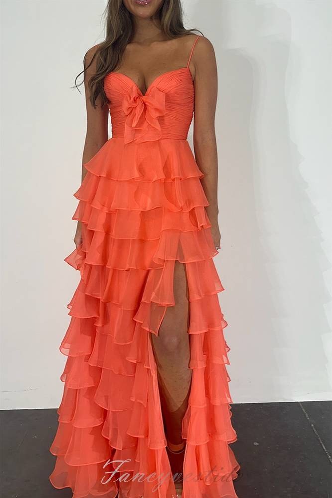 A-line Sweetheart Chiffon Yellow Long Prom Dress With Slit SED0026