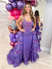 Purple Lace V-Neck Sequin Pageant Dress with Attached Train lpk901|Selinadress