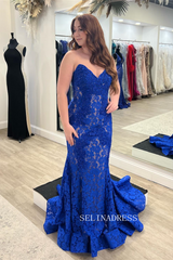 Royal Blue Lace Strapless Beaded Mermaid Long Prom Dress sew0621|Selinadress