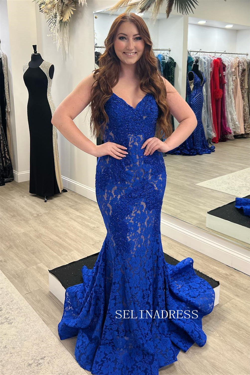 Royal Blue Lace Strapless Beaded Mermaid Long Prom Dress sew0621|Selinadress