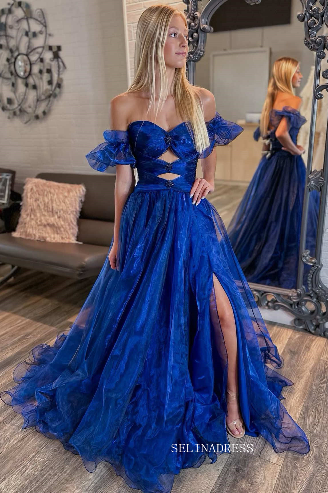 Royal Blue Strapless Keyhole Balloon Sleeves Long Prom Dress SEW0623|Selinadress