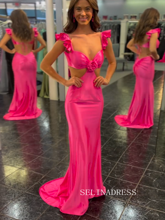 Ruffle Straps Fuchsia Rosette Side Cutouts Prom Dress lpk562|Selinadress