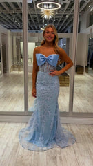 Mermaid Strapless Light Sky Blue Bow Long Formal Dress With Lace Appliques SED0017