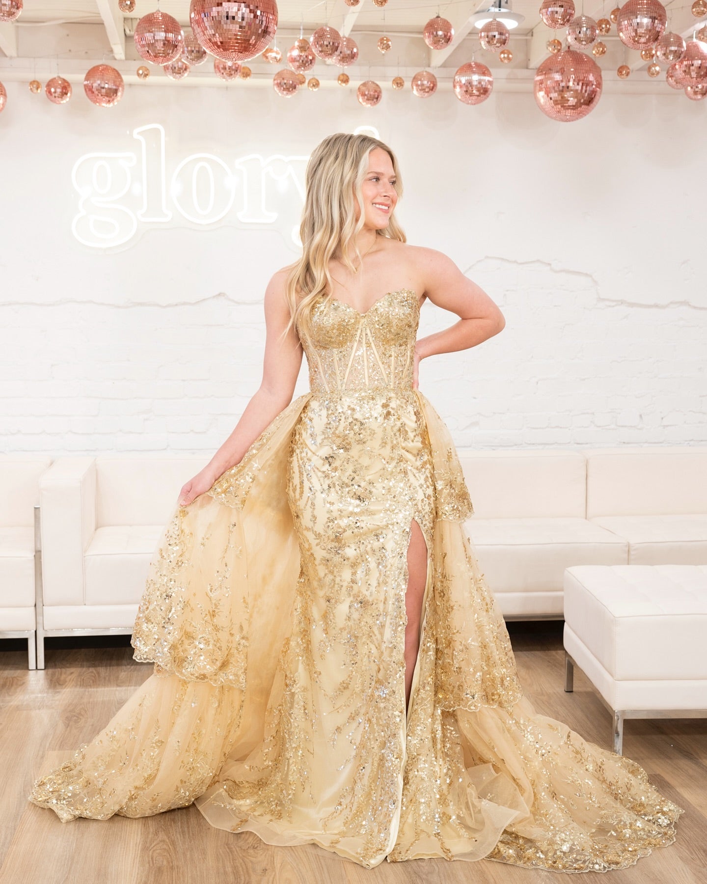 Charming Sweetheart Mermaid Gold Sequins Lace Prom Dresses with Slit SER608|Selinadress