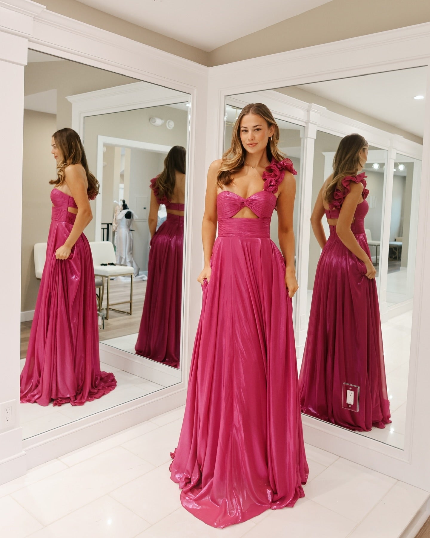 Chiffon Keyhole Pleated Slit Long Prom Dress with One Shoulder SEW1317|Selinadress