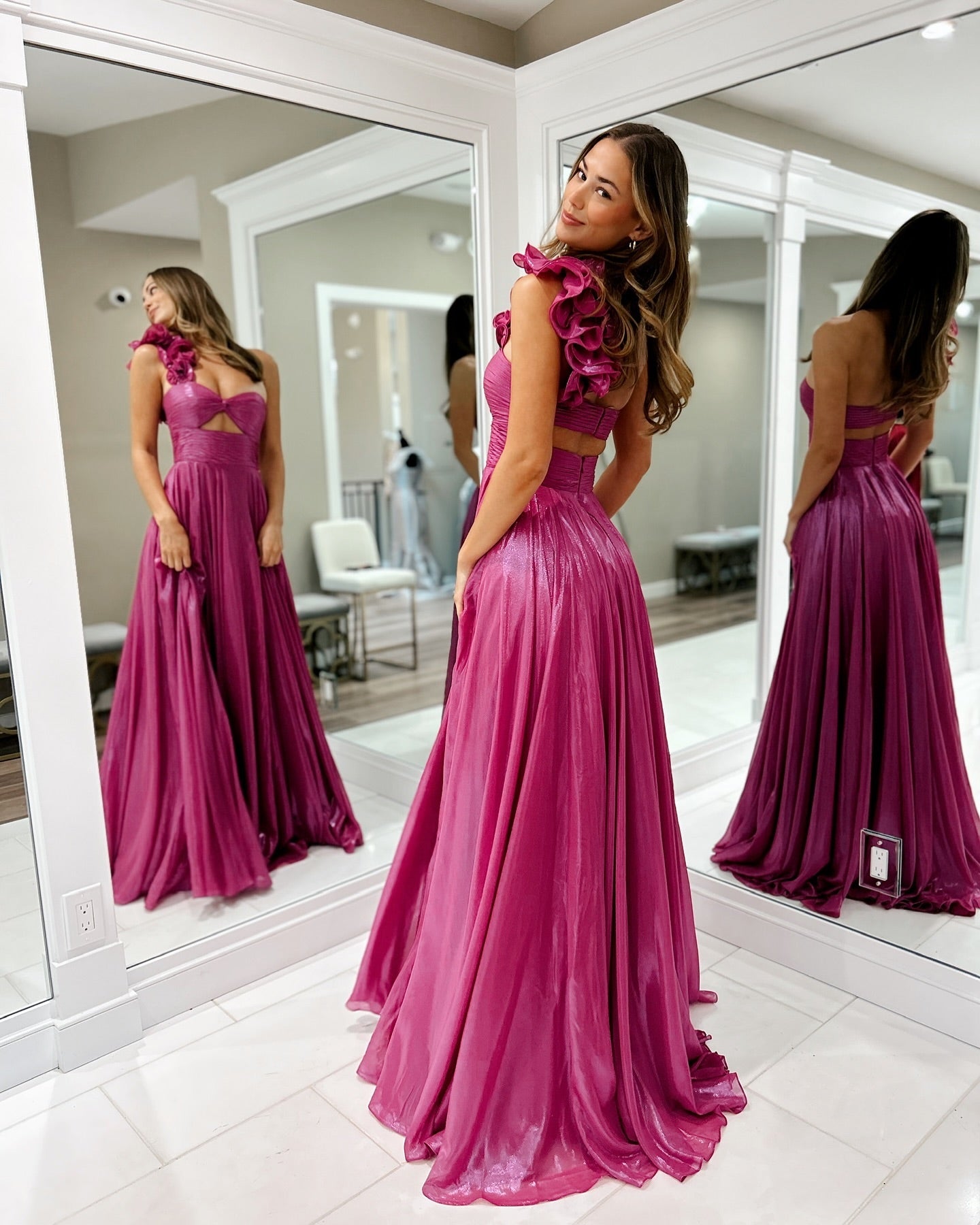 Chiffon Keyhole Pleated Slit Long Prom Dress with One Shoulder SEW1317|Selinadress