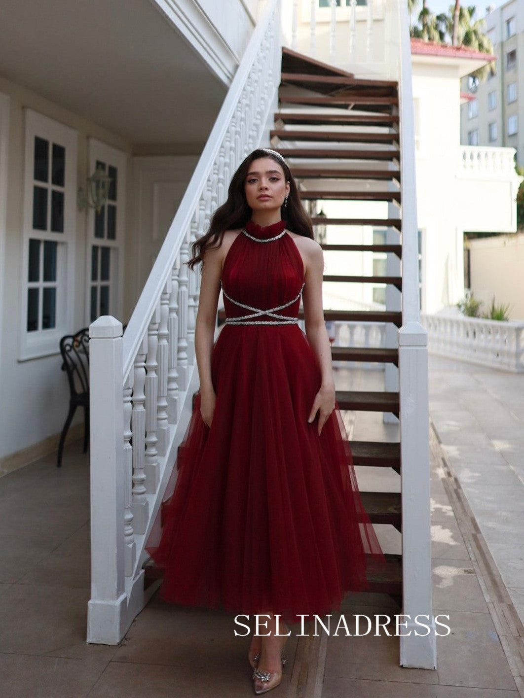 Burgundy High Neck Tulle Prom Dresses Ankle-length Cheap Formal Dresses SKO006|Selinadress