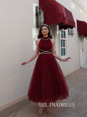 Burgundy High Neck Tulle Prom Dresses Ankle-length Cheap Formal Dresses SKO006|Selinadress