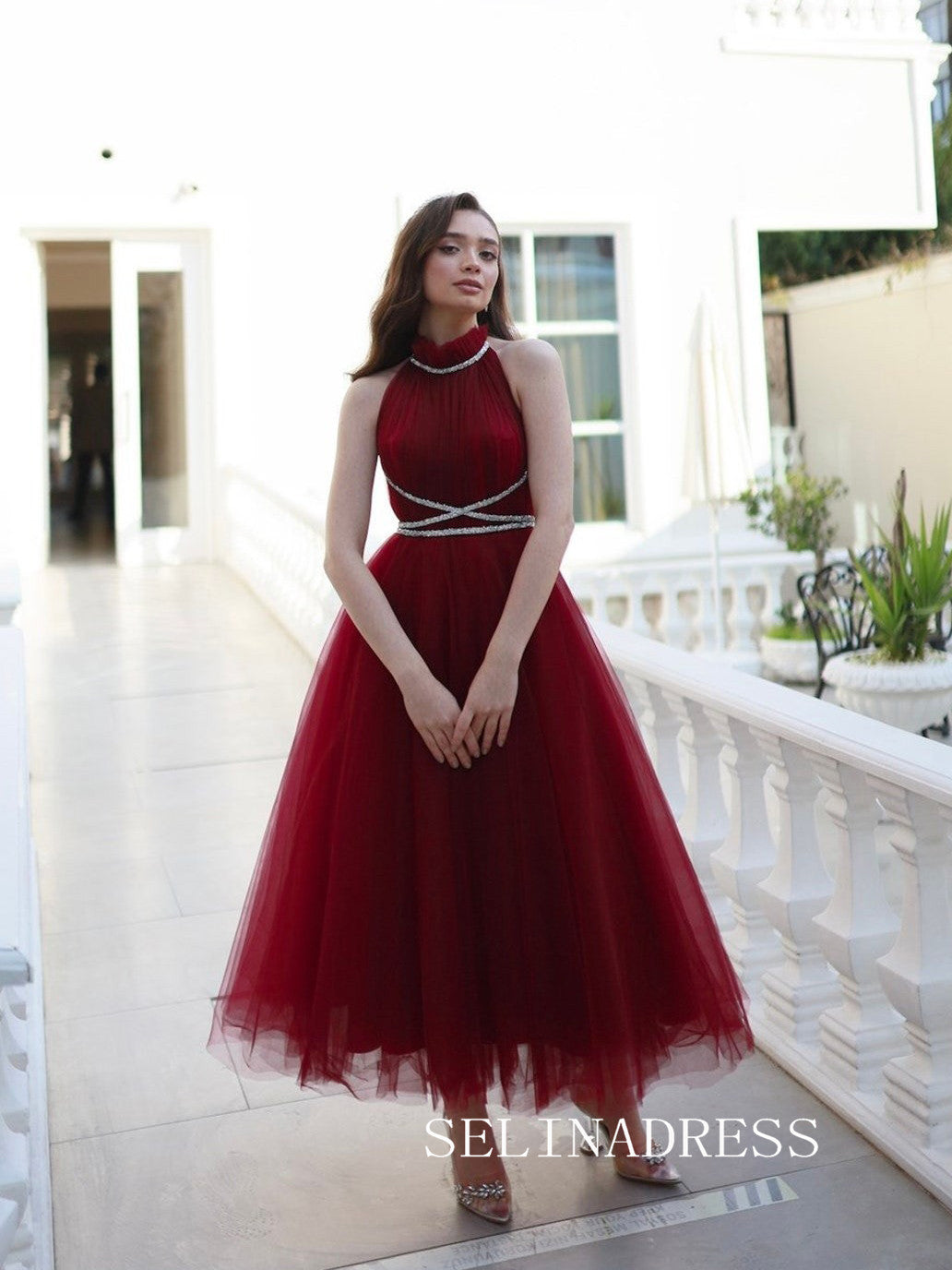 Burgundy High Neck Tulle Prom Dresses Ankle-length Cheap Formal Dresses SKO006|Selinadress