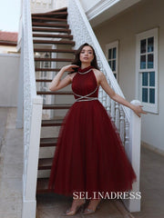 Burgundy High Neck Tulle Prom Dresses Ankle-length Cheap Formal Dresses SKO006|Selinadress