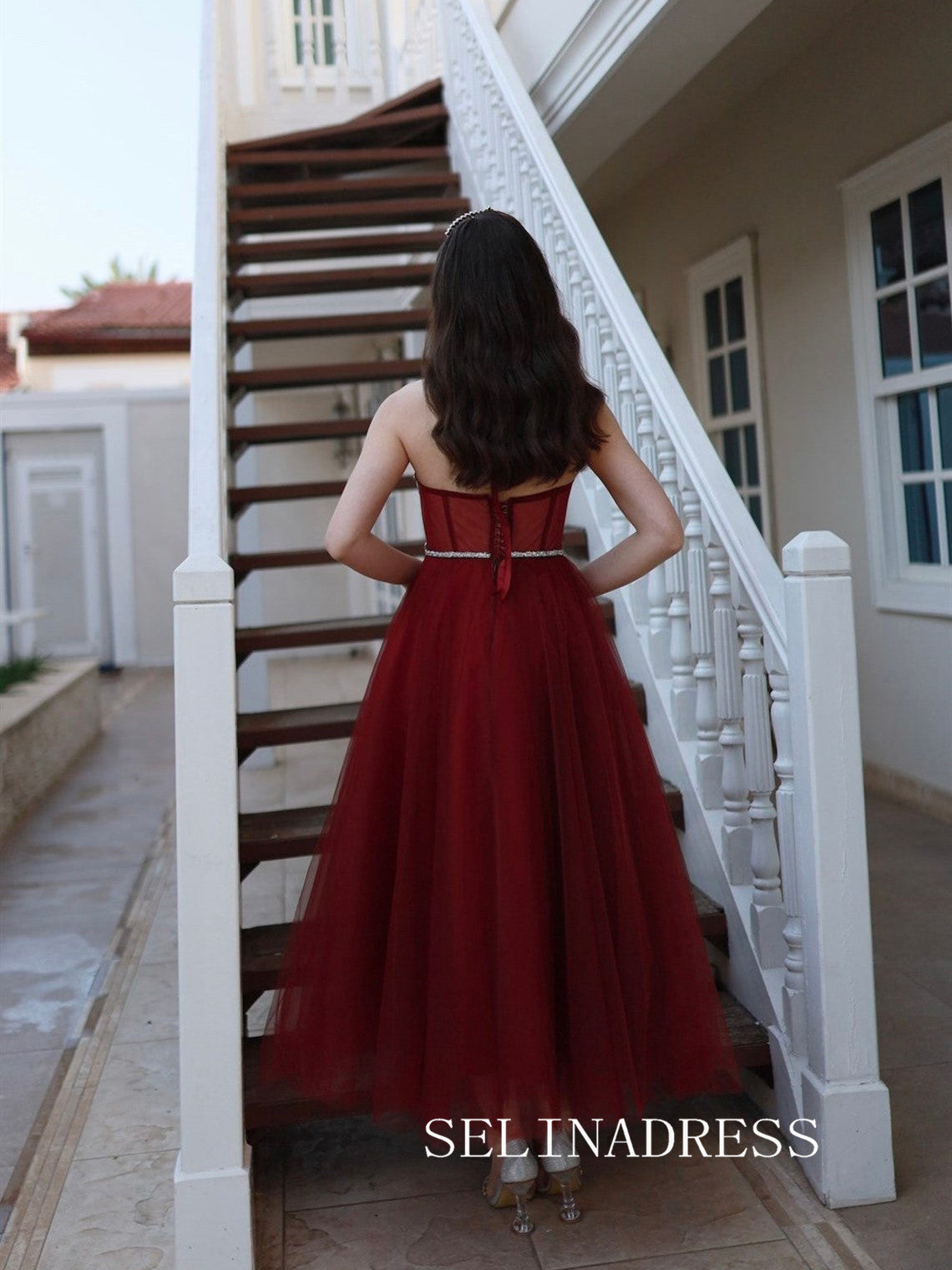 Burgundy High Neck Tulle Prom Dresses Ankle-length Cheap Formal Dresses SKO006|Selinadress