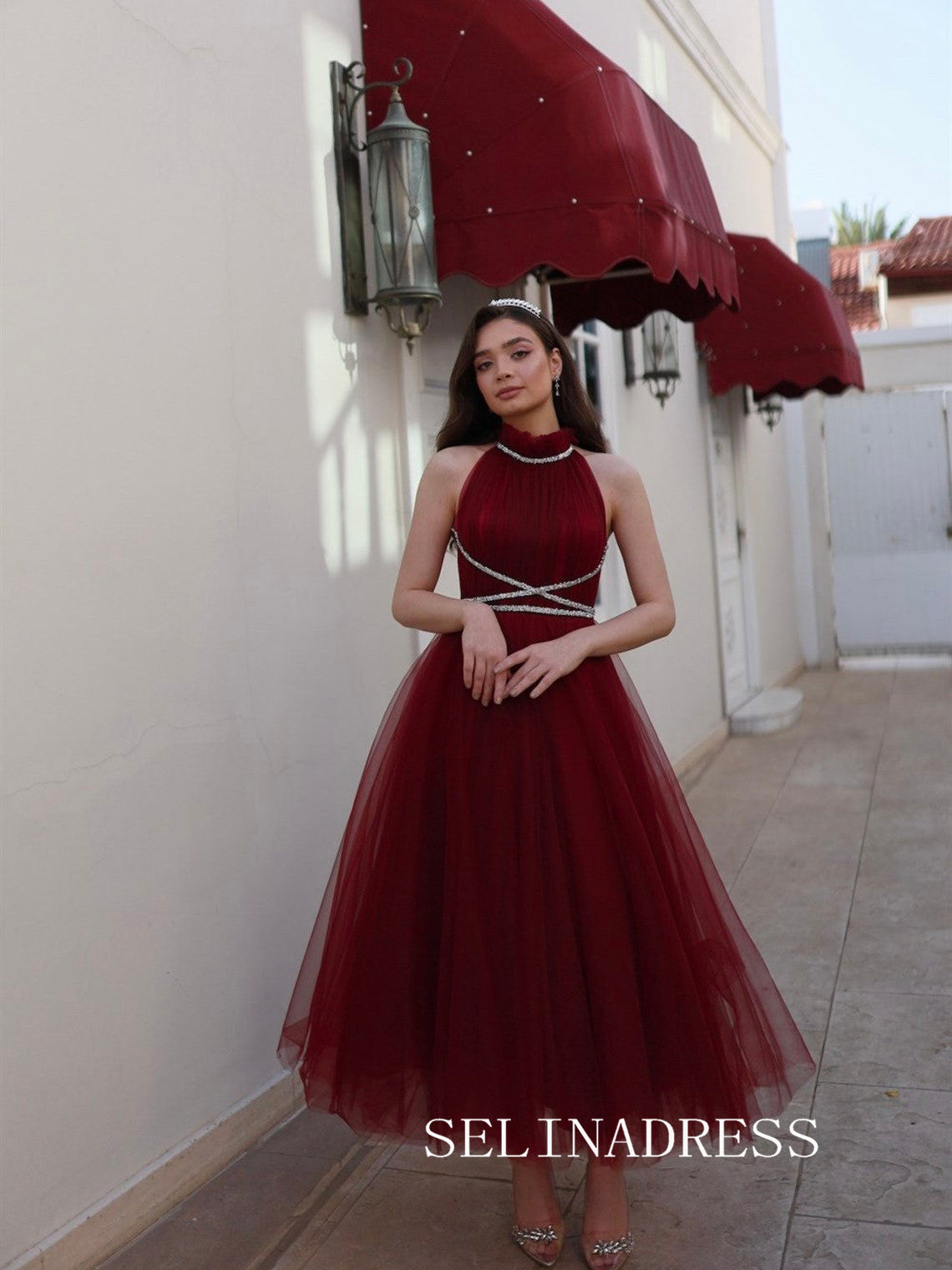 Burgundy High Neck Tulle Prom Dresses Ankle-length Cheap Formal Dresses SKO006|Selinadress