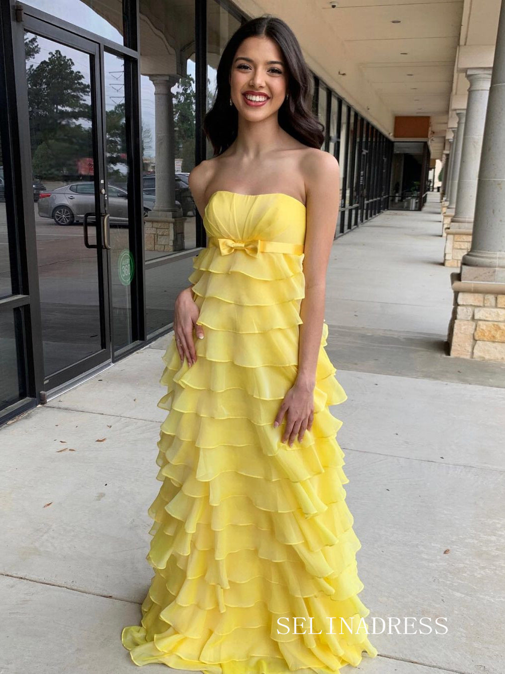 Sheath/Column Chiffon Yellow Tiered Long Prom Dresses Cheap Evening Dress sew1007|Selinadress