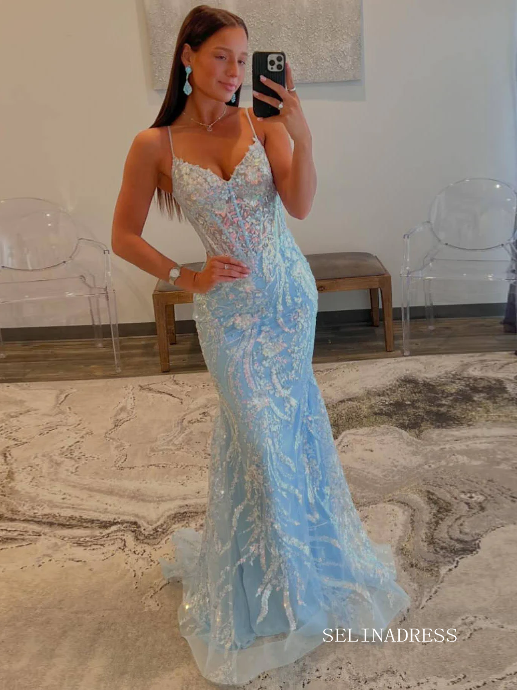 Spaghetti Straps Light Blue V-Neck Sequin Appliques Mermaid Prom Dress lpk572|Selinadress