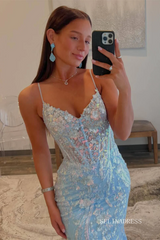 Spaghetti Straps Light Blue V-Neck Sequin Appliques Mermaid Prom Dress lpk572|Selinadress