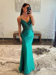 Spaghetti Straps Mermaid Green Long Prom Dresses Beaded Evening Dress sew0704|Selinadress