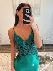 Spaghetti Straps Mermaid Green Long Prom Dresses Beaded Evening Dress sew0704|Selinadress