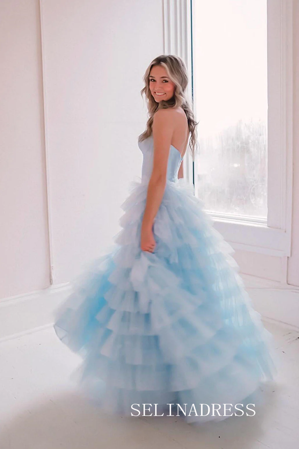 Strapless Satin/Tulle Long Prom Dress with Ruffle Skirt Evening Gowns lpk913|Selinadress