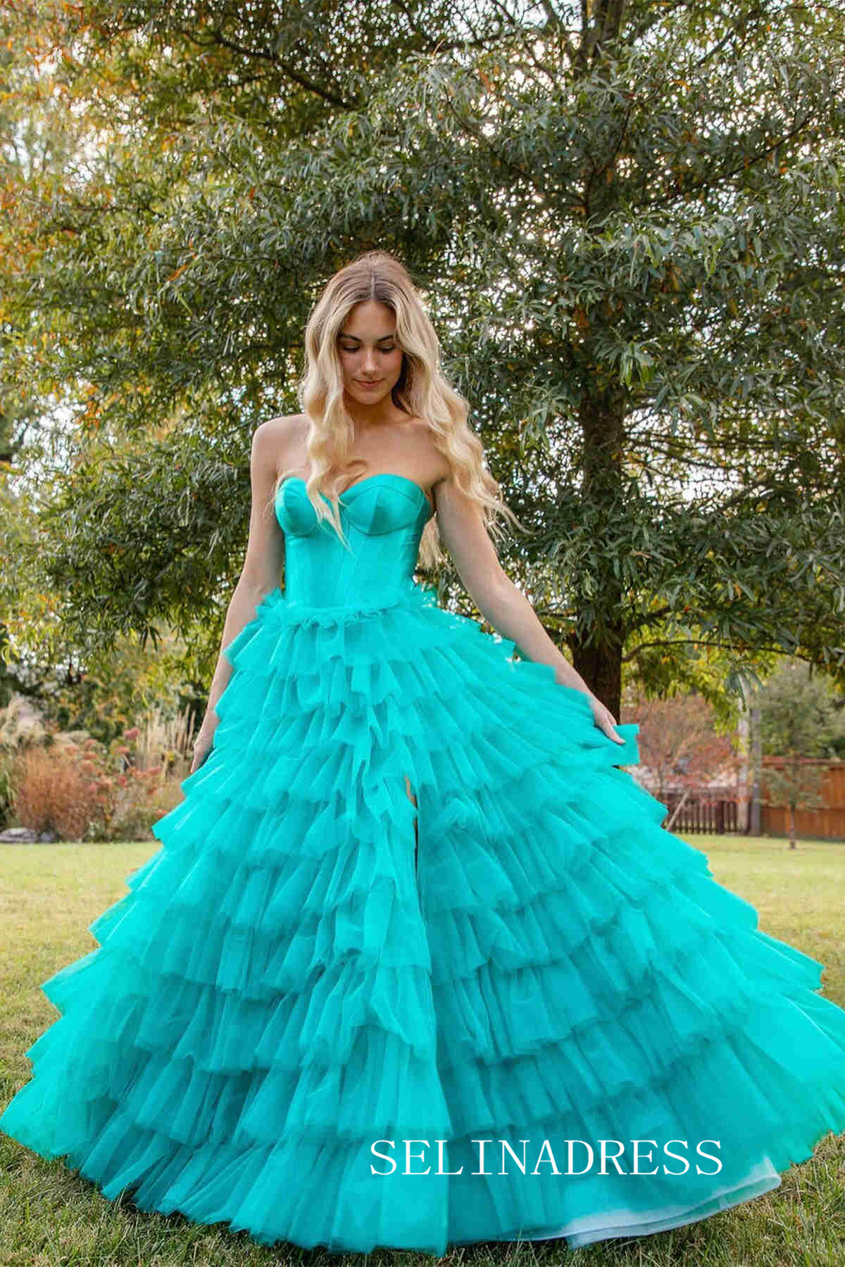 Strapless Satin/Tulle Long Prom Dress with Ruffle Skirt Evening Gowns lpk913|Selinadress