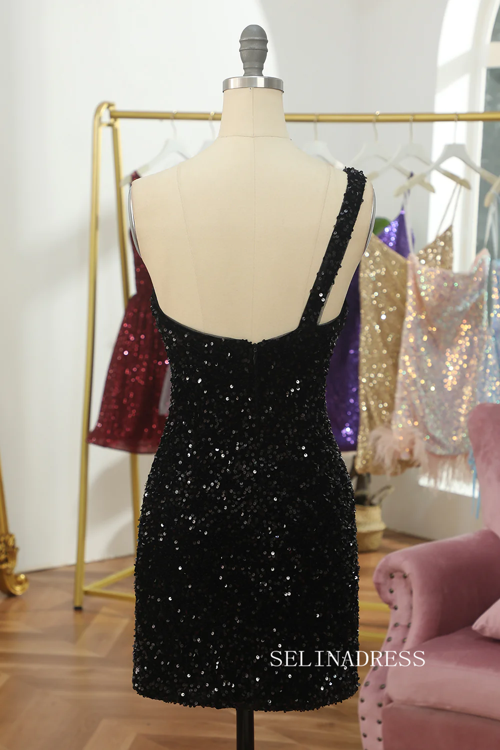 One Shoulder Tight Black Sequins Homecoming Dresses Cocktail Dresses #TKD001|Selinadress