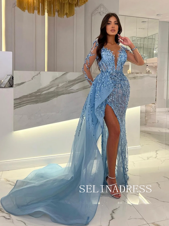 Chic Mermaid Square Light Sky Blue Long Prom Dresses Satin Evening Dre –  SELINADRESS