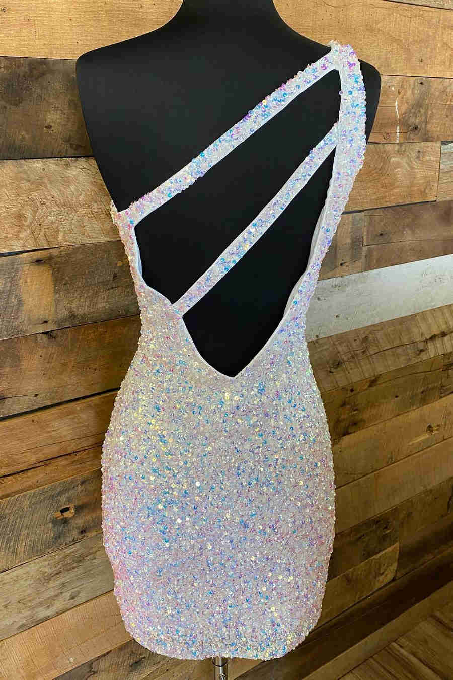 Glittery Blue Sequins Homecoming Dresses One Shoulder Mini Cocktail Dresses #TKL012