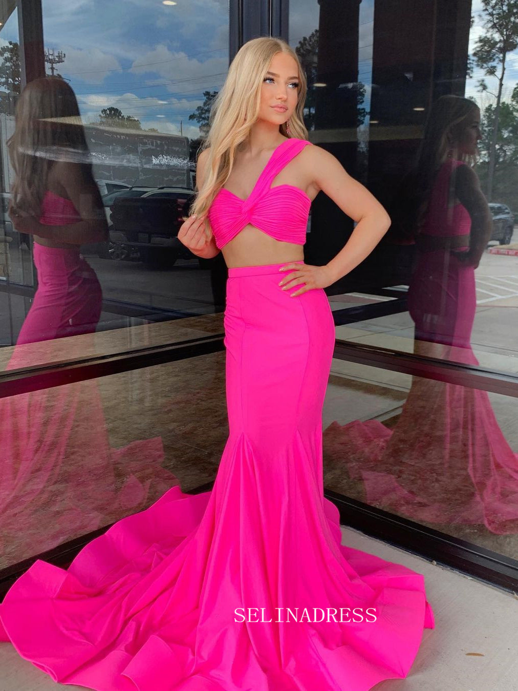 Two Pieces One Shoulder Mermaid Long Prom Dresses Hot Pink Evening Gowns sew1013|Selinadress