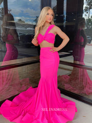 Two Pieces One Shoulder Mermaid Long Prom Dresses Hot Pink Evening Gowns sew1013|Selinadress