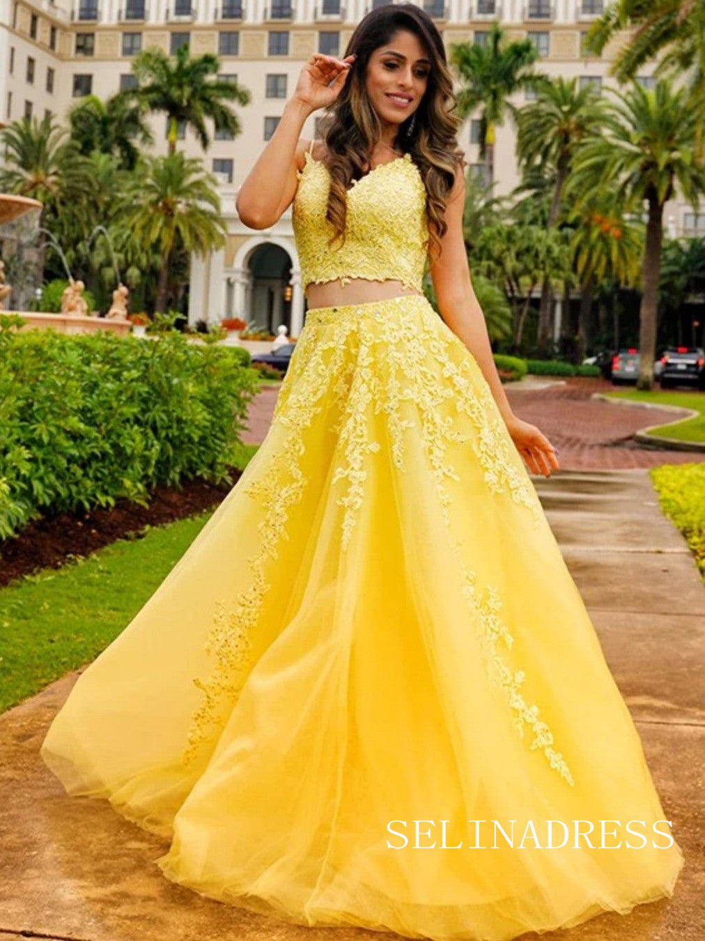 Two Pieces Spaghetti Straps Yellow Long Prom Dresses Lace Evening Dress lpk523|Selinadress