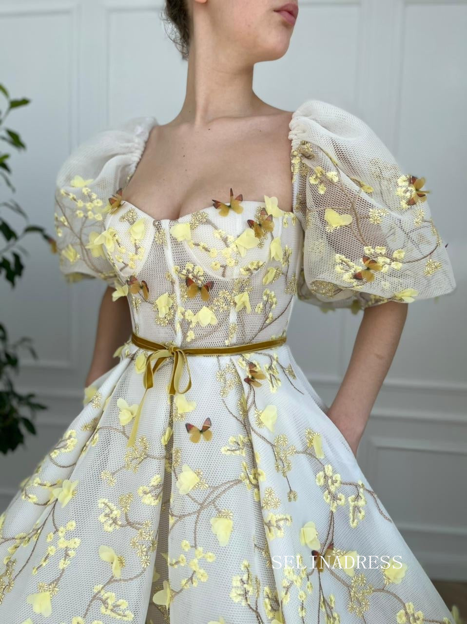 Yellow Midi Dress With Embroidery Floral Prom Dresses 2023 Beautiful Evening Gowns #LPO005|Selinadress