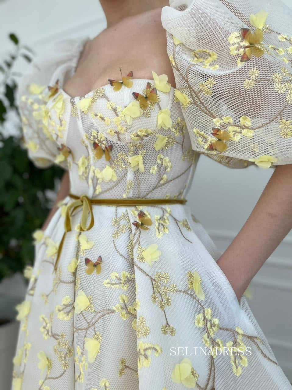 Yellow Midi Dress With Embroidery Floral Prom Dresses 2023 Beautiful Evening Gowns #LPO005|Selinadress