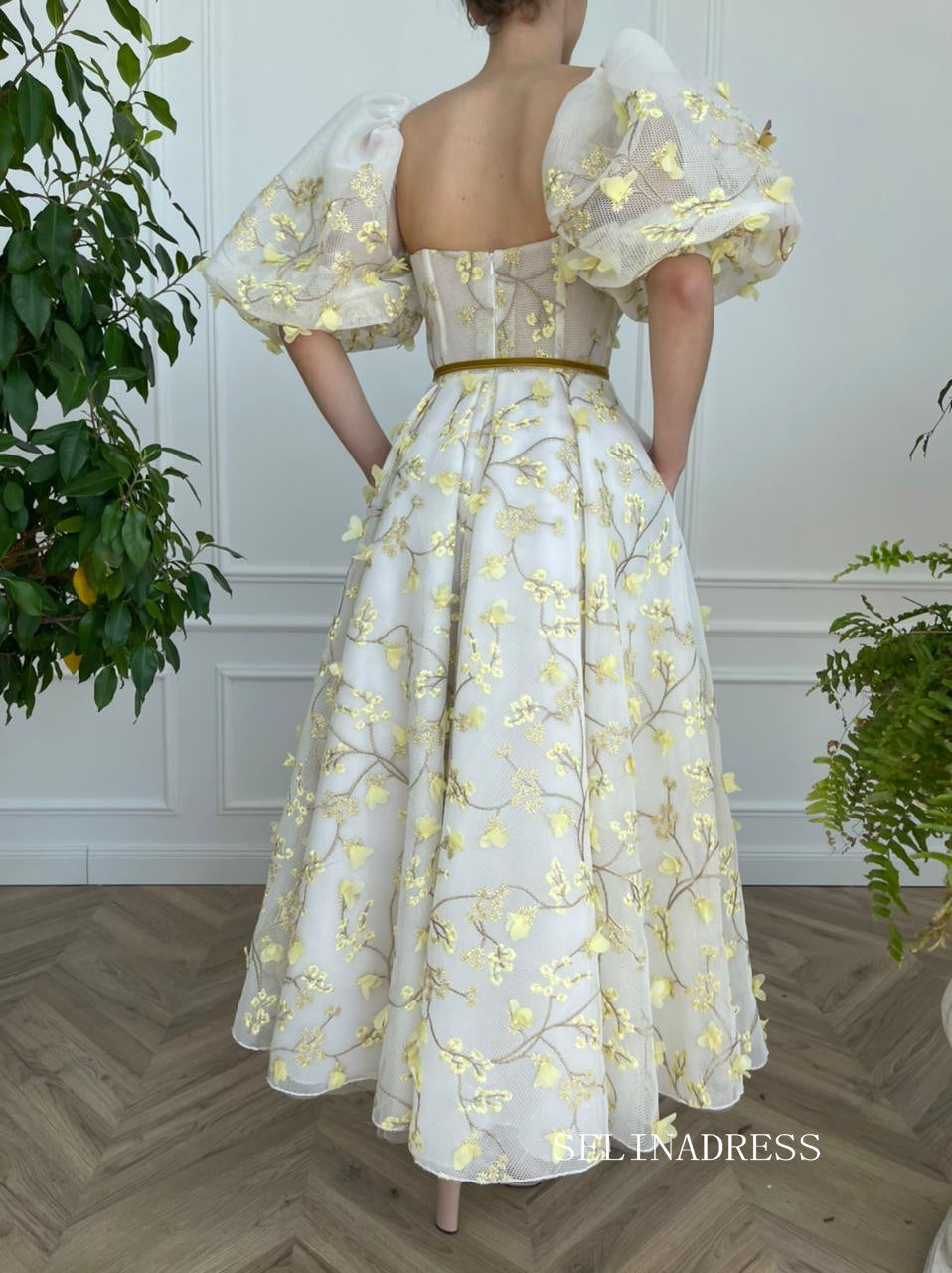 Yellow Midi Dress With Embroidery Floral Prom Dresses 2023 Beautiful Evening Gowns #LPO005|Selinadress