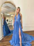 A-line Blue Halter Long Prom Dress Ruffles Evening Dress With Slit SEW1155|Selinadress