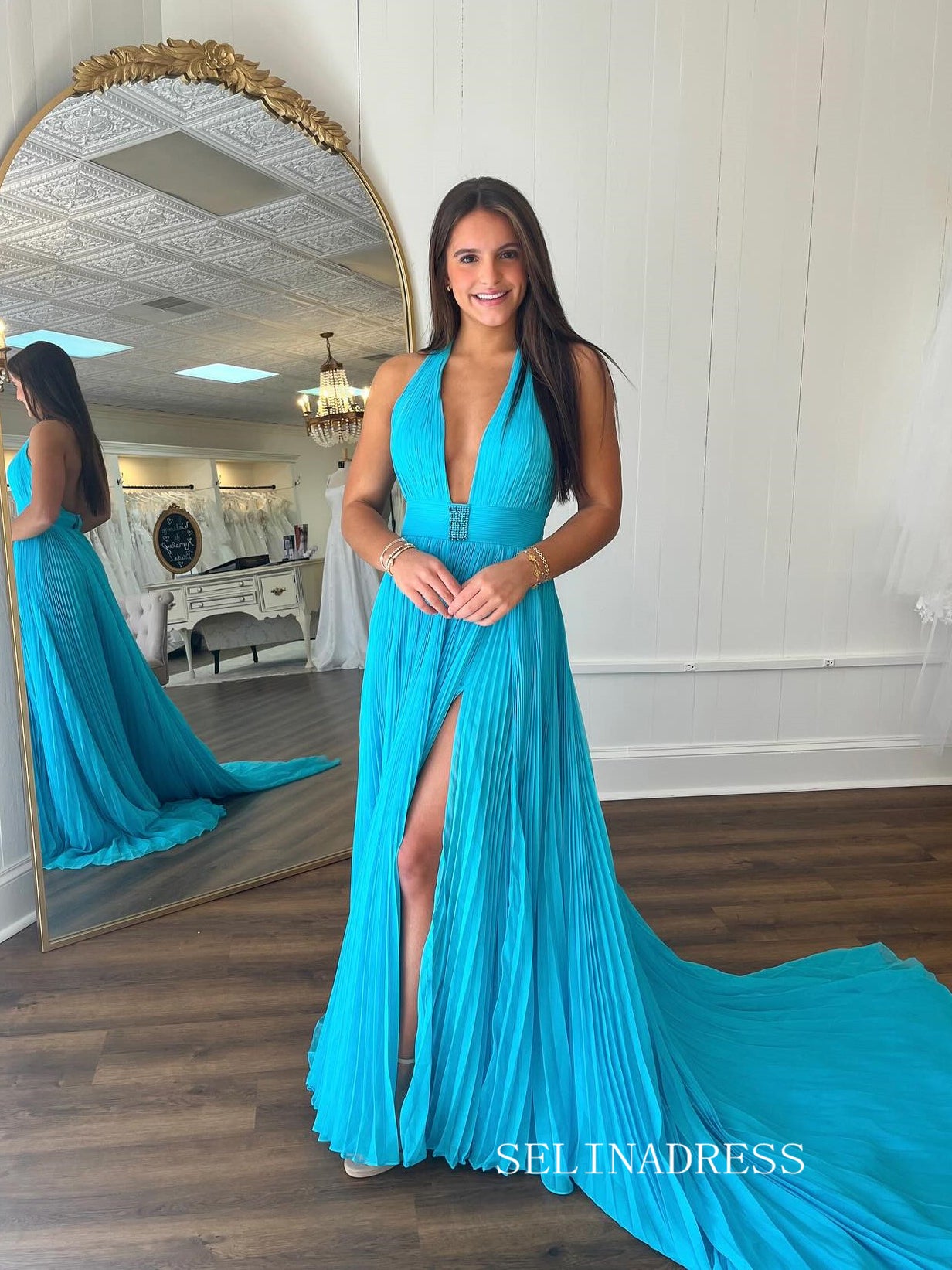 A-line Blue Halter Long Prom Dress Ruffles Evening Dress With Slit SEW1155|Selinadress