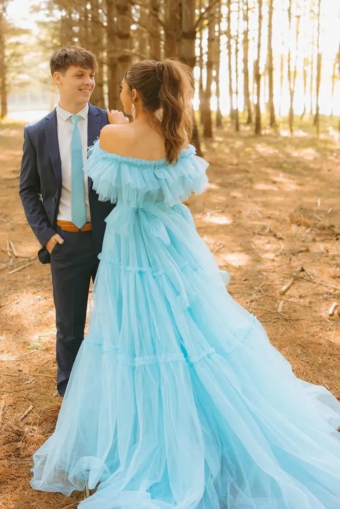 A-Line Blue Tiered Tulle Off Shoulder Long Prom Dress SEW1315|Selinadress