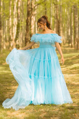 A-Line Blue Tiered Tulle Off Shoulder Long Prom Dress SEW1315|Selinadress