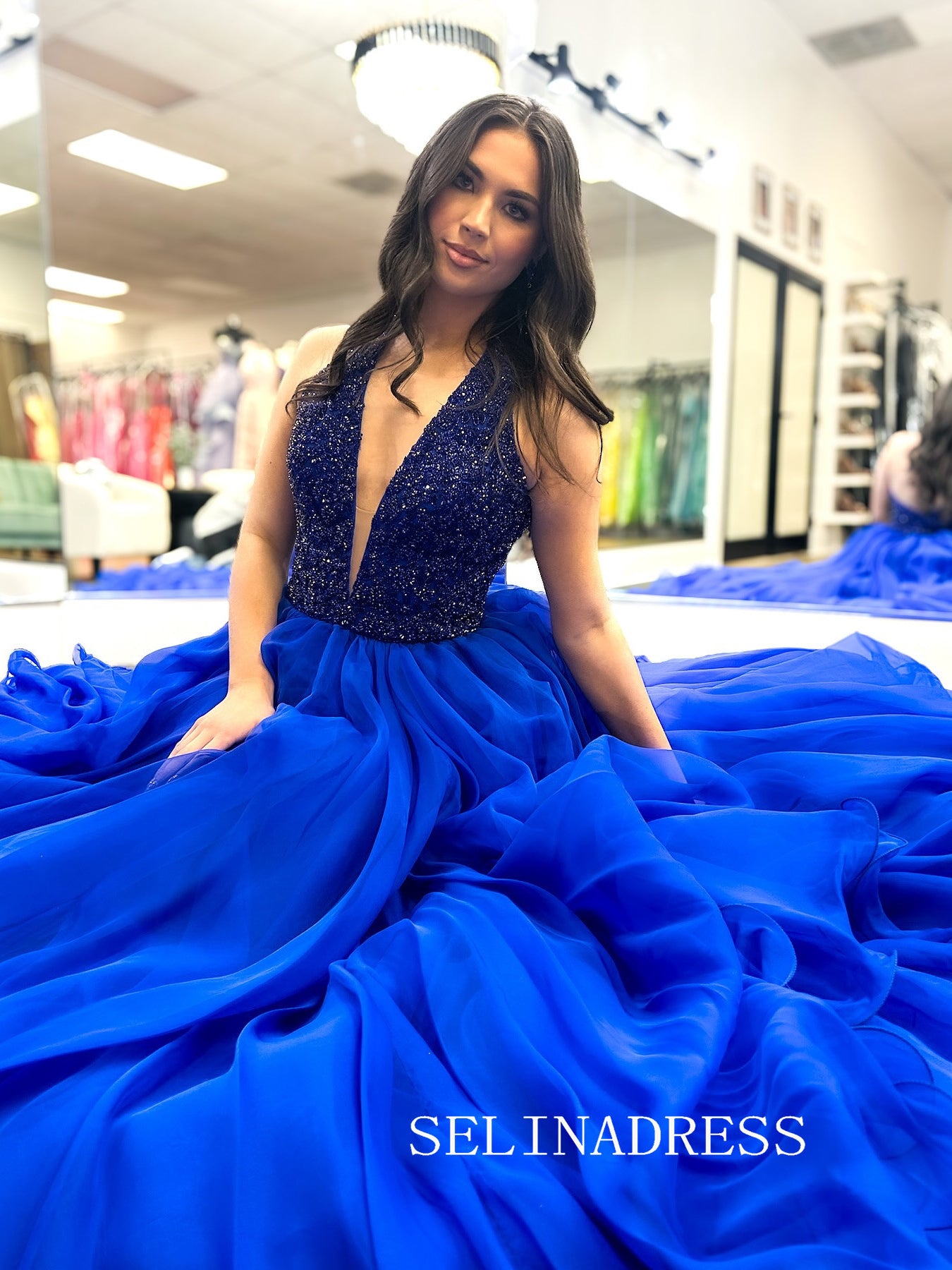 A-line Deep V neck Royal Blue Beaded Prom Dress Evening Dresses SED0031|Selinadress