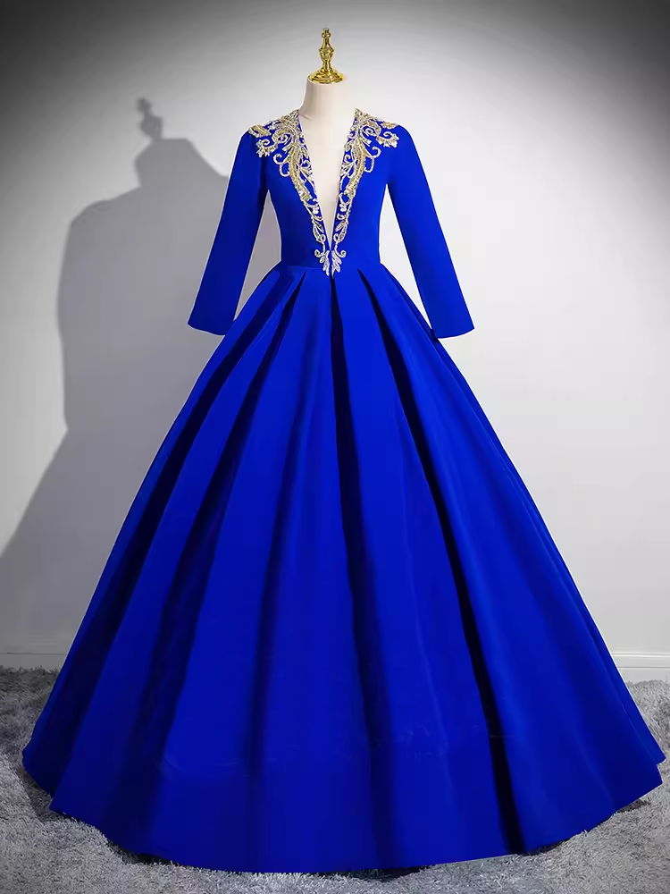 A-line Deep V neck Royal Blue Elegant Long Prom Dress Princess Dresses TKL2165|Selinadress